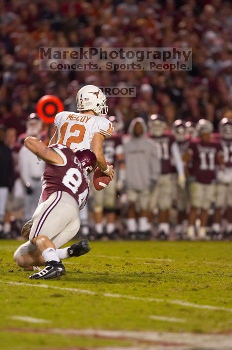 The University of Texas, Austin played Texas A&M in football at Kyle Field, College Station, on November 23, 2007. UT lost to the Aggies, 30 to 38.
Filename: SRM_20071123_1833580.jpg
Aperture: f/2.8
Shutter Speed: 1/500
Body: Canon EOS-1D Mark II
Lens: Canon EF 300mm f/2.8 L IS