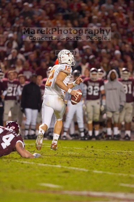 The University of Texas, Austin played Texas A&M in football at Kyle Field, College Station, on November 23, 2007. UT lost to the Aggies, 30 to 38.
Filename: SRM_20071123_1833582.jpg
Aperture: f/2.8
Shutter Speed: 1/500
Body: Canon EOS-1D Mark II
Lens: Canon EF 300mm f/2.8 L IS