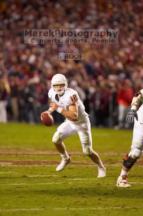 The University of Texas, Austin played Texas A&M in football at Kyle Field, College Station, on November 23, 2007. UT lost to the Aggies, 30 to 38.
Filename: SRM_20071123_1854045.jpg
Aperture: f/2.8
Shutter Speed: 1/500
Body: Canon EOS-1D Mark II
Lens: Canon EF 300mm f/2.8 L IS