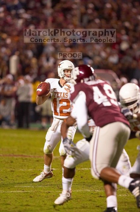 The University of Texas, Austin played Texas A&M in football at Kyle Field, College Station, on November 23, 2007.  UT lost to the Aggies, 30 to 38.

Filename: SRM_20071123_1858382.jpg
Aperture: f/2.8
Shutter Speed: 1/500
Body: Canon EOS-1D Mark II
Lens: Canon EF 300mm f/2.8 L IS