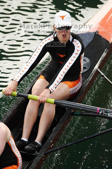 The Texas Rowing first varsity eight team, with coxswain Mary Cait McPherson, stroke Jen VanderMaarel, Felicia Izaguirre-Werner, Meg George, Nancy Arrington, Jelena Zunic, Karli Sheahan, Colleen Irby and Sara Cottingham, finished with a time of 6:44.7, defeating Duke which completed the race in 6:49.9. This was the second session of the Longhorn Invitational, Saturday morning, March 21, 2009 on Lady Bird Lake. They later won one more race against UCF on Sunday.
Filename: SRM_20090321_08402365.jpg
Aperture: f/2.8
Shutter Speed: 1/2000
Body: Canon EOS-1D Mark II
Lens: Canon EF 300mm f/2.8 L IS