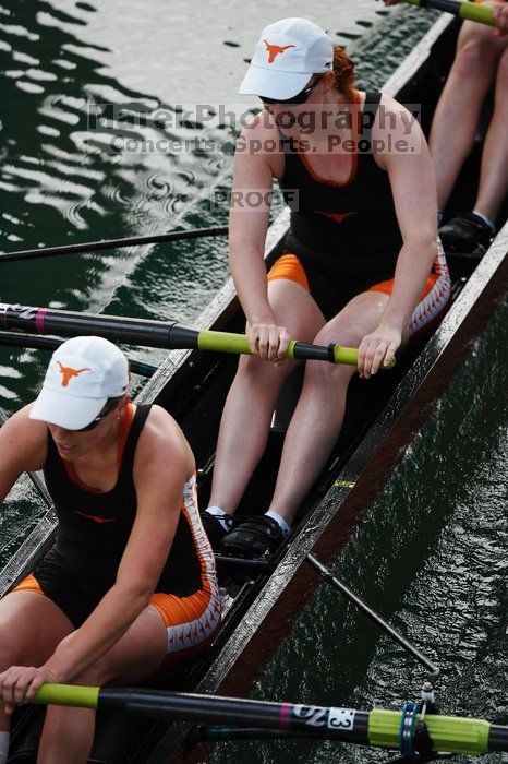 The Texas Rowing first varsity eight team, with coxswain Mary Cait McPherson, stroke Jen VanderMaarel, Felicia Izaguirre-Werner, Meg George, Nancy Arrington, Jelena Zunic, Karli Sheahan, Colleen Irby and Sara Cottingham, finished with a time of 6:44.7, defeating Duke which completed the race in 6:49.9. This was the second session of the Longhorn Invitational, Saturday morning, March 21, 2009 on Lady Bird Lake. They later won one more race against UCF on Sunday.
Filename: SRM_20090321_08402468.jpg
Aperture: f/2.8
Shutter Speed: 1/2000
Body: Canon EOS-1D Mark II
Lens: Canon EF 300mm f/2.8 L IS