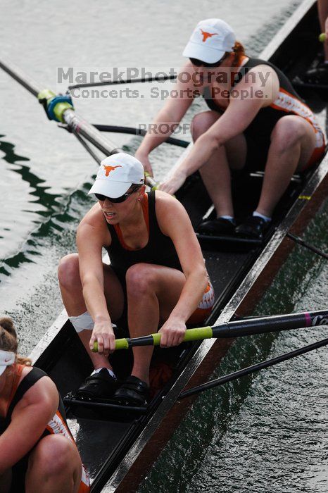 The Texas Rowing first varsity eight team, with coxswain Mary Cait McPherson, stroke Jen VanderMaarel, Felicia Izaguirre-Werner, Meg George, Nancy Arrington, Jelena Zunic, Karli Sheahan, Colleen Irby and Sara Cottingham, finished with a time of 6:44.7, defeating Duke which completed the race in 6:49.9. This was the second session of the Longhorn Invitational, Saturday morning, March 21, 2009 on Lady Bird Lake. They later won one more race against UCF on Sunday.
Filename: SRM_20090321_08402471.jpg
Aperture: f/2.8
Shutter Speed: 1/2000
Body: Canon EOS-1D Mark II
Lens: Canon EF 300mm f/2.8 L IS