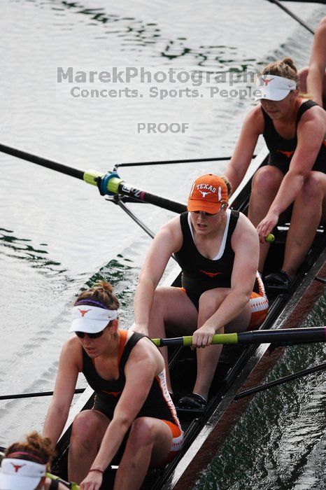 The Texas Rowing first varsity eight team, with coxswain Mary Cait McPherson, stroke Jen VanderMaarel, Felicia Izaguirre-Werner, Meg George, Nancy Arrington, Jelena Zunic, Karli Sheahan, Colleen Irby and Sara Cottingham, finished with a time of 6:44.7, defeating Duke which completed the race in 6:49.9. This was the second session of the Longhorn Invitational, Saturday morning, March 21, 2009 on Lady Bird Lake. They later won one more race against UCF on Sunday.
Filename: SRM_20090321_08402578.jpg
Aperture: f/2.8
Shutter Speed: 1/2000
Body: Canon EOS-1D Mark II
Lens: Canon EF 300mm f/2.8 L IS