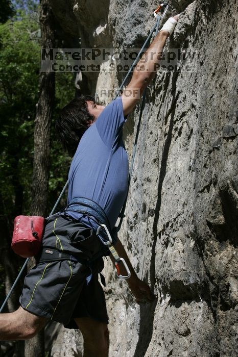 Javier Morales on the dyno while leading Lick the Window (5.10c).  It was another long day of rock climbing at Seismic Wall on Austin's Barton Creek Greenbelt, Sunday, April 5, 2009.

Filename: SRM_20090405_11431264.jpg
Aperture: f/9.0
Shutter Speed: 1/500
Body: Canon EOS-1D Mark II
Lens: Canon EF 80-200mm f/2.8 L