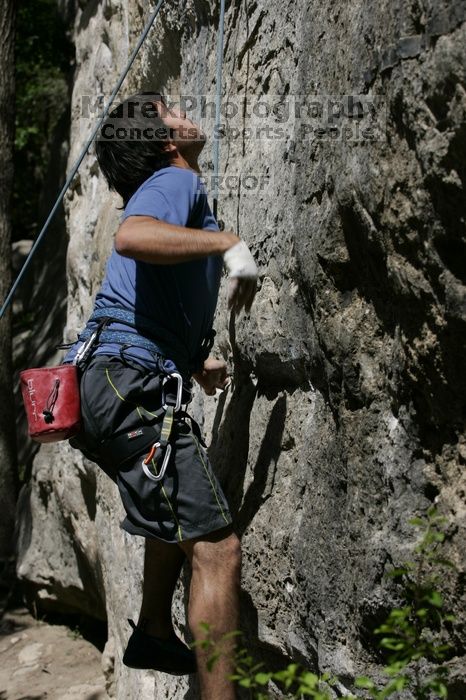 Javier Morales on the dyno while leading Lick the Window (5.10c).  It was another long day of rock climbing at Seismic Wall on Austin's Barton Creek Greenbelt, Sunday, April 5, 2009.

Filename: SRM_20090405_11440666.jpg
Aperture: f/7.1
Shutter Speed: 1/500
Body: Canon EOS-1D Mark II
Lens: Canon EF 80-200mm f/2.8 L