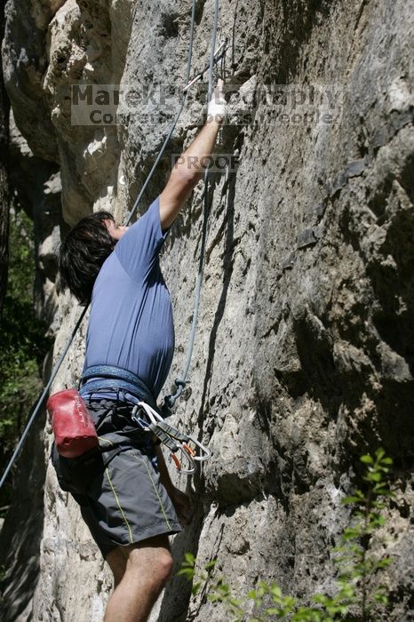 Javier Morales on the dyno while leading Lick the Window (5.10c).  It was another long day of rock climbing at Seismic Wall on Austin's Barton Creek Greenbelt, Sunday, April 5, 2009.

Filename: SRM_20090405_11492783.jpg
Aperture: f/8.0
Shutter Speed: 1/500
Body: Canon EOS-1D Mark II
Lens: Canon EF 80-200mm f/2.8 L