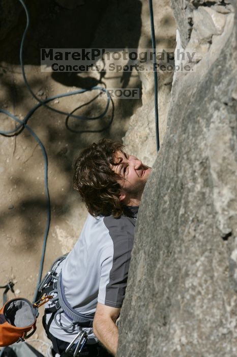 Andrew Dreher attempting the dyno while leading Lick the Window (5.10c), shot from the top of Ack! (5.11b, but using the crack for the start instead) that I top roped up with my camera on my back. It was another long day of rock climbing at Seismic Wall on Austin's Barton Creek Greenbelt, Sunday, April 5, 2009.
Filename: SRM_20090405_13162914.jpg
Aperture: f/10.0
Shutter Speed: 1/500
Body: Canon EOS-1D Mark II
Lens: Canon EF 80-200mm f/2.8 L