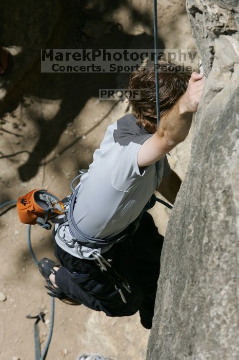 Andrew Dreher attempting the dyno while leading Lick the Window (5.10c), shot from the top of Ack! (5.11b, but using the crack for the start instead) that I top roped up with my camera on my back.  It was another long day of rock climbing at Seismic Wall on Austin's Barton Creek Greenbelt, Sunday, April 5, 2009.

Filename: SRM_20090405_13170828.jpg
Aperture: f/10.0
Shutter Speed: 1/500
Body: Canon EOS-1D Mark II
Lens: Canon EF 80-200mm f/2.8 L