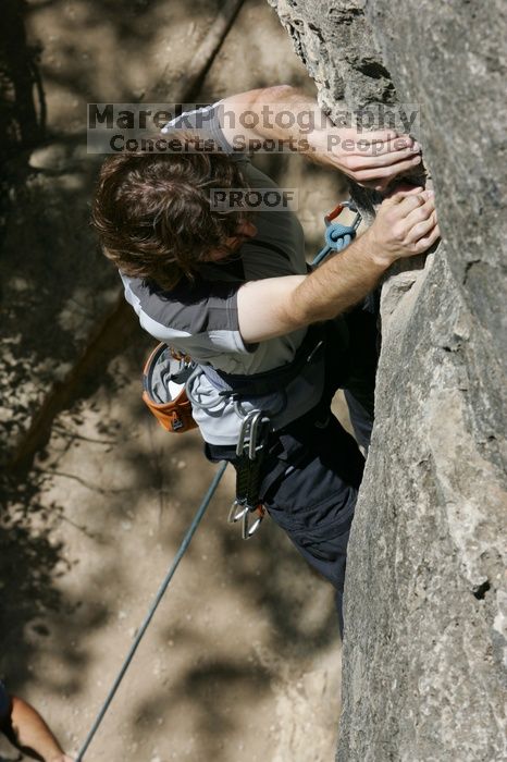 Andrew Dreher leading Lick the Window (5.10c), shot from the top of Ack! (5.11b, but using the crack for the start instead) that I top roped up with my camera on my back. It was another long day of rock climbing at Seismic Wall on Austin's Barton Creek Greenbelt, Sunday, April 5, 2009.
Filename: SRM_20090405_13214655.jpg
Aperture: f/10.0
Shutter Speed: 1/500
Body: Canon EOS-1D Mark II
Lens: Canon EF 80-200mm f/2.8 L