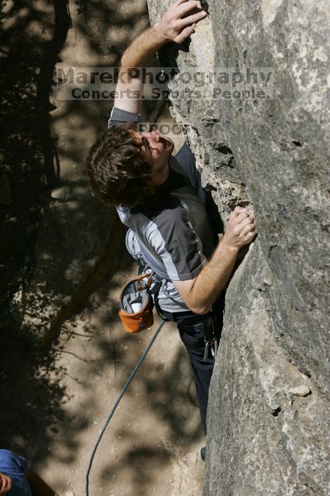 Andrew Dreher leading Lick the Window (5.10c), shot from the top of Ack! (5.11b, but using the crack for the start instead) that I top roped up with my camera on my back. It was another long day of rock climbing at Seismic Wall on Austin's Barton Creek Greenbelt, Sunday, April 5, 2009.
Filename: SRM_20090405_13215058.jpg
Aperture: f/11.0
Shutter Speed: 1/500
Body: Canon EOS-1D Mark II
Lens: Canon EF 80-200mm f/2.8 L