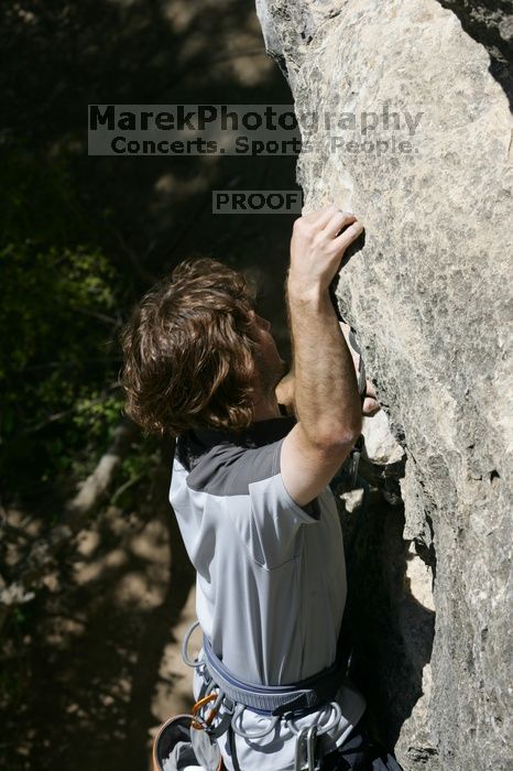Andrew Dreher leading Lick the Window (5.10c), shot from the top of Ack! (5.11b, but using the crack for the start instead) that I top roped up with my camera on my back. It was another long day of rock climbing at Seismic Wall on Austin's Barton Creek Greenbelt, Sunday, April 5, 2009.
Filename: SRM_20090405_13224283.jpg
Aperture: f/9.0
Shutter Speed: 1/500
Body: Canon EOS-1D Mark II
Lens: Canon EF 80-200mm f/2.8 L