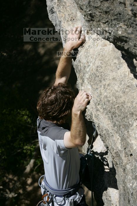 Andrew Dreher leading Lick the Window (5.10c), shot from the top of Ack! (5.11b, but using the crack for the start instead) that I top roped up with my camera on my back. It was another long day of rock climbing at Seismic Wall on Austin's Barton Creek Greenbelt, Sunday, April 5, 2009.
Filename: SRM_20090405_13225388.jpg
Aperture: f/7.1
Shutter Speed: 1/500
Body: Canon EOS-1D Mark II
Lens: Canon EF 80-200mm f/2.8 L