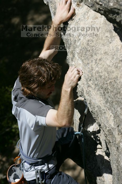 Andrew Dreher leading Lick the Window (5.10c), shot from the top of Ack! (5.11b, but using the crack for the start instead) that I top roped up with my camera on my back. It was another long day of rock climbing at Seismic Wall on Austin's Barton Creek Greenbelt, Sunday, April 5, 2009.
Filename: SRM_20090405_13225590.jpg
Aperture: f/6.3
Shutter Speed: 1/500
Body: Canon EOS-1D Mark II
Lens: Canon EF 80-200mm f/2.8 L