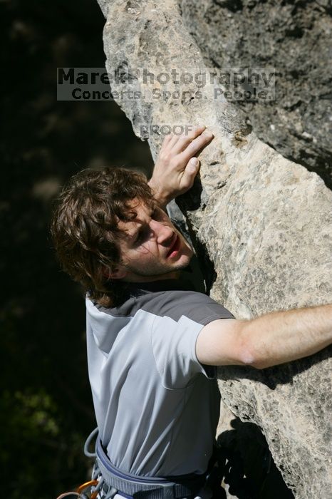 Andrew Dreher leading Lick the Window (5.10c), shot from the top of Ack! (5.11b, but using the crack for the start instead) that I top roped up with my camera on my back. It was another long day of rock climbing at Seismic Wall on Austin's Barton Creek Greenbelt, Sunday, April 5, 2009.
Filename: SRM_20090405_13225903.jpg
Aperture: f/7.1
Shutter Speed: 1/500
Body: Canon EOS-1D Mark II
Lens: Canon EF 80-200mm f/2.8 L