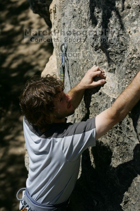 Andrew Dreher leading Lick the Window (5.10c), shot from the top of Ack! (5.11b, but using the crack for the start instead) that I top roped up with my camera on my back. It was another long day of rock climbing at Seismic Wall on Austin's Barton Creek Greenbelt, Sunday, April 5, 2009.
Filename: SRM_20090405_13234128.jpg
Aperture: f/7.1
Shutter Speed: 1/500
Body: Canon EOS-1D Mark II
Lens: Canon EF 80-200mm f/2.8 L