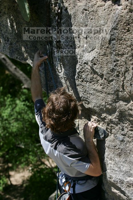 Andrew Dreher leading Lick the Window (5.10c), shot from the top of Ack! (5.11b, but using the crack for the start instead) that I top roped up with my camera on my back. It was another long day of rock climbing at Seismic Wall on Austin's Barton Creek Greenbelt, Sunday, April 5, 2009.
Filename: SRM_20090405_13241237.jpg
Aperture: f/5.0
Shutter Speed: 1/500
Body: Canon EOS-1D Mark II
Lens: Canon EF 80-200mm f/2.8 L