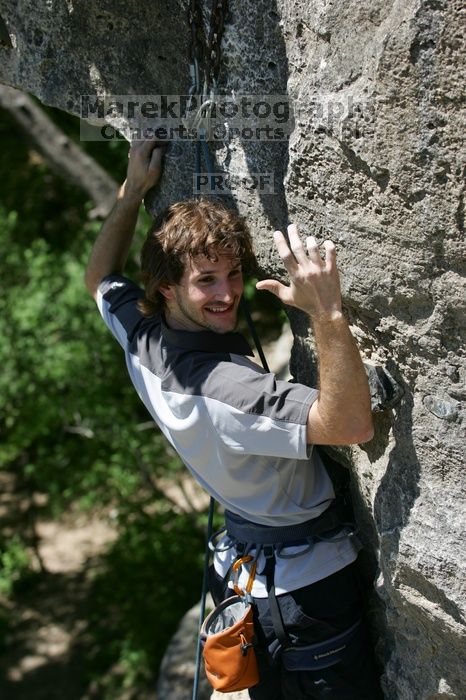 Andrew Dreher leading Lick the Window (5.10c), shot from the top of Ack! (5.11b, but using the crack for the start instead) that I top roped up with my camera on my back. It was another long day of rock climbing at Seismic Wall on Austin's Barton Creek Greenbelt, Sunday, April 5, 2009.
Filename: SRM_20090405_13242748.jpg
Aperture: f/4.5
Shutter Speed: 1/500
Body: Canon EOS-1D Mark II
Lens: Canon EF 80-200mm f/2.8 L