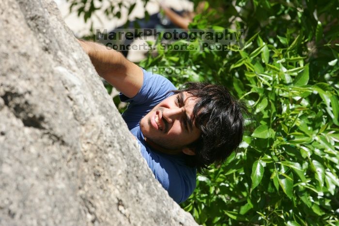Javier Morales leading Nose Print on the Windshield (5.11c), shot from the top of Ack! (5.11b, but using the crack for the start instead) that I top roped up with my camera on my back. It was another long day of rock climbing at Seismic Wall on Austin's Barton Creek Greenbelt, Sunday, April 5, 2009.
Filename: SRM_20090405_13334373.jpg
Aperture: f/9.0
Shutter Speed: 1/500
Body: Canon EOS-1D Mark II
Lens: Canon EF 80-200mm f/2.8 L