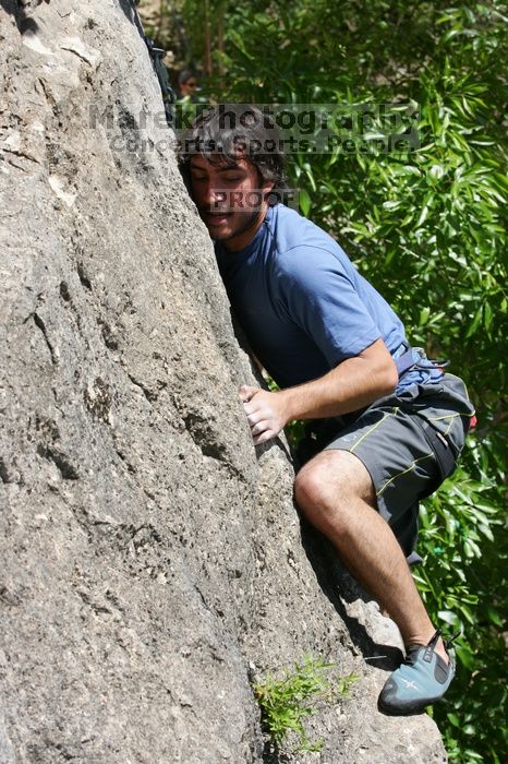 Javier Morales leading Nose Print on the Windshield (5.11c), shot from the top of Ack! (5.11b, but using the crack for the start instead) that I top roped up with my camera on my back. It was another long day of rock climbing at Seismic Wall on Austin's Barton Creek Greenbelt, Sunday, April 5, 2009.
Filename: SRM_20090405_13342094.jpg
Aperture: f/9.0
Shutter Speed: 1/500
Body: Canon EOS-1D Mark II
Lens: Canon EF 80-200mm f/2.8 L