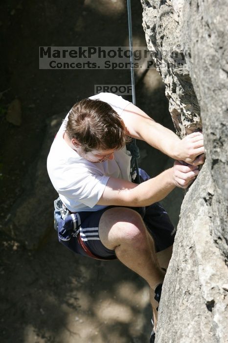 Me top roping Lick the Window (5.10c), shot (by Andrew Dreher) from the top of Ack! (5.11b, but using the crack for the start instead) that I top roped up with my camera on my back.  It was another long day of rock climbing at Seismic Wall on Austin's Barton Creek Greenbelt, Sunday, April 5, 2009.

Filename: SRM_20090405_14395648.jpg
Aperture: f/8.0
Shutter Speed: 1/500
Body: Canon EOS-1D Mark II
Lens: Canon EF 80-200mm f/2.8 L