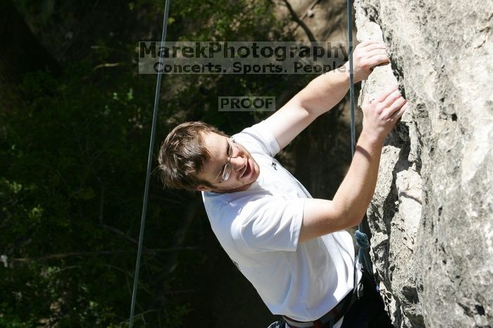 Me top roping Lick the Window (5.10c), shot (by Andrew Dreher) from the top of Ack! (5.11b, but using the crack for the start instead) that I top roped up with my camera on my back. It was another long day of rock climbing at Seismic Wall on Austin's Barton Creek Greenbelt, Sunday, April 5, 2009.
Filename: SRM_20090405_14401452.jpg
Aperture: f/8.0
Shutter Speed: 1/500
Body: Canon EOS-1D Mark II
Lens: Canon EF 80-200mm f/2.8 L