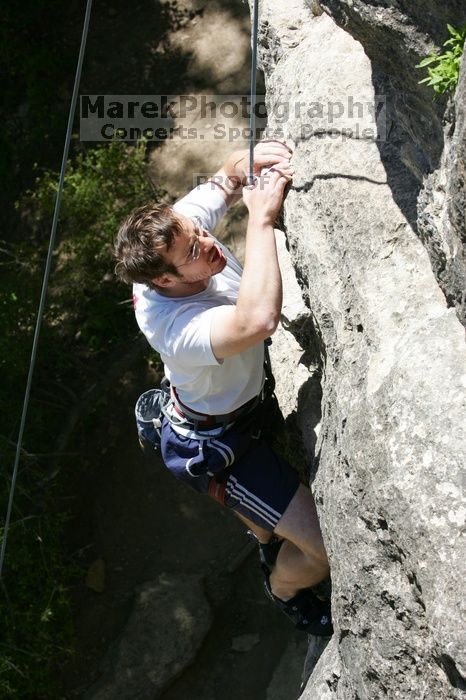 Me top roping Lick the Window (5.10c), shot (by Andrew Dreher) from the top of Ack! (5.11b, but using the crack for the start instead) that I top roped up with my camera on my back. It was another long day of rock climbing at Seismic Wall on Austin's Barton Creek Greenbelt, Sunday, April 5, 2009.
Filename: SRM_20090405_14403854.jpg
Aperture: f/8.0
Shutter Speed: 1/500
Body: Canon EOS-1D Mark II
Lens: Canon EF 80-200mm f/2.8 L