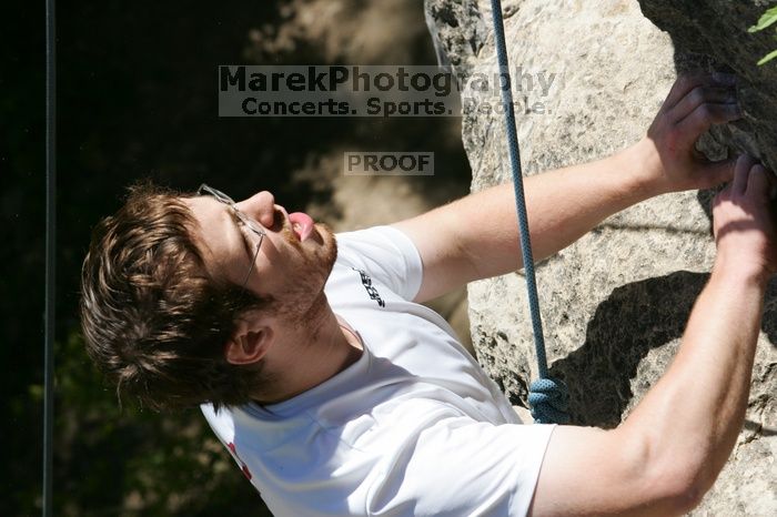 Me top roping Lick the Window (5.10c), shot (by Andrew Dreher) from the top of Ack! (5.11b, but using the crack for the start instead) that I top roped up with my camera on my back. It was another long day of rock climbing at Seismic Wall on Austin's Barton Creek Greenbelt, Sunday, April 5, 2009.
Filename: SRM_20090405_14411760.jpg
Aperture: f/10.0
Shutter Speed: 1/500
Body: Canon EOS-1D Mark II
Lens: Canon EF 80-200mm f/2.8 L