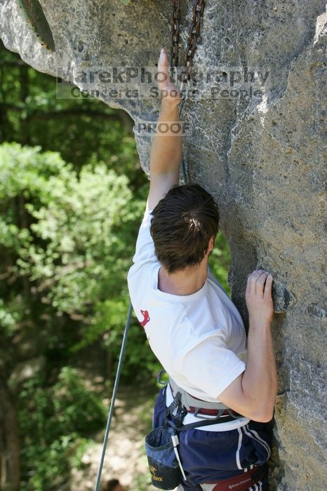 Me top roping Lick the Window (5.10c), shot (by Andrew Dreher) from the top of Ack! (5.11b, but using the crack for the start instead) that I top roped up with my camera on my back. It was another long day of rock climbing at Seismic Wall on Austin's Barton Creek Greenbelt, Sunday, April 5, 2009.
Filename: SRM_20090405_14420866.jpg
Aperture: f/5.0
Shutter Speed: 1/500
Body: Canon EOS-1D Mark II
Lens: Canon EF 80-200mm f/2.8 L