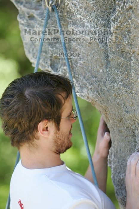 Me top roping Lick the Window (5.10c), shot (by Andrew Dreher) from the top of Ack! (5.11b, but using the crack for the start instead) that I top roped up with my camera on my back. It was another long day of rock climbing at Seismic Wall on Austin's Barton Creek Greenbelt, Sunday, April 5, 2009.
Filename: SRM_20090405_14421169.jpg
Aperture: f/4.0
Shutter Speed: 1/500
Body: Canon EOS-1D Mark II
Lens: Canon EF 80-200mm f/2.8 L