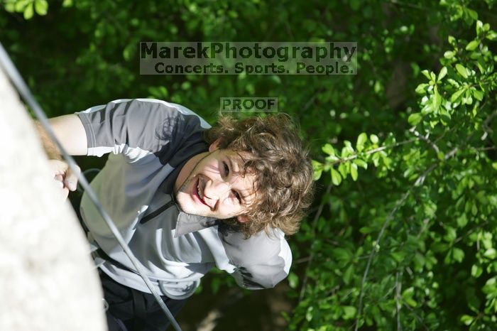 Javier Morales top rope climbing She's No Dog, She's My Wife (5.11b), shot from the top of Ack! (5.11b, but using the crack for the start instead) that I top roped up with my camera on my back. It was another long day of rock climbing at Seismic Wall on Austin's Barton Creek Greenbelt, Sunday, April 5, 2009.
Filename: SRM_20090405_16352432.jpg
Aperture: f/3.5
Shutter Speed: 1/500
Body: Canon EOS-1D Mark II
Lens: Canon EF 80-200mm f/2.8 L