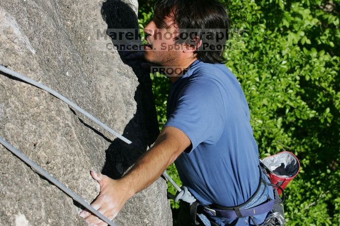Javier Morales top rope climbing She's No Dog, She's My Wife (5.11b), shot from the top of Ack! (5.11b, but using the crack for the start instead) that I top roped up with my camera on my back. It was another long day of rock climbing at Seismic Wall on Austin's Barton Creek Greenbelt, Sunday, April 5, 2009.
Filename: SRM_20090405_16482452.jpg
Aperture: f/9.0
Shutter Speed: 1/500
Body: Canon EOS-1D Mark II
Lens: Canon EF 80-200mm f/2.8 L