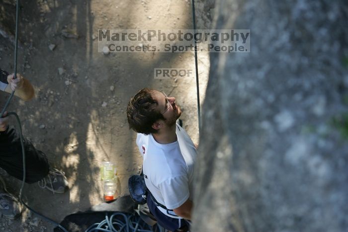 Me top roping Lick the Window (5.10c), shot by Javier Morales from the top of Ack! (5.11b, but using the crack for the start instead) that I top roped up with my camera on my back. It was another long day of rock climbing at Seismic Wall on Austin's Barton Creek Greenbelt, Sunday, April 5, 2009.
Filename: SRM_20090405_17173587.jpg
Aperture: f/3.2
Shutter Speed: 1/400
Body: Canon EOS-1D Mark II
Lens: Canon EF 80-200mm f/2.8 L