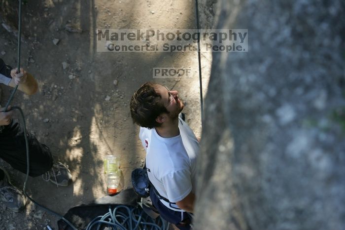 Me top roping Lick the Window (5.10c), shot by Javier Morales from the top of Ack! (5.11b, but using the crack for the start instead) that I top roped up with my camera on my back. It was another long day of rock climbing at Seismic Wall on Austin's Barton Creek Greenbelt, Sunday, April 5, 2009.
Filename: SRM_20090405_17173588.jpg
Aperture: f/3.5
Shutter Speed: 1/400
Body: Canon EOS-1D Mark II
Lens: Canon EF 80-200mm f/2.8 L