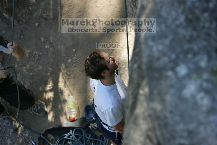 Me top roping Lick the Window (5.10c), shot by Javier Morales from the top of Ack! (5.11b, but using the crack for the start instead) that I top roped up with my camera on my back. It was another long day of rock climbing at Seismic Wall on Austin's Barton Creek Greenbelt, Sunday, April 5, 2009.
Filename: SRM_20090405_17173690.jpg
Aperture: f/3.2
Shutter Speed: 1/400
Body: Canon EOS-1D Mark II
Lens: Canon EF 80-200mm f/2.8 L