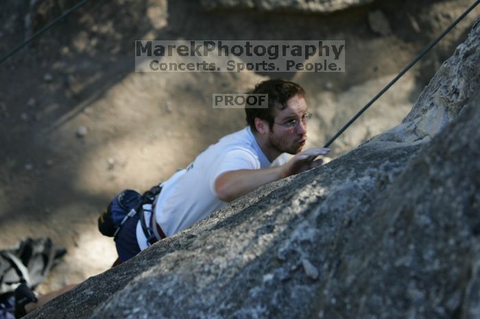 Me top roping Lick the Window (5.10c), shot by Javier Morales from the top of Ack! (5.11b, but using the crack for the start instead) that I top roped up with my camera on my back.  It was another long day of rock climbing at Seismic Wall on Austin's Barton Creek Greenbelt, Sunday, April 5, 2009.
Filename: SRM_20090405_17181501.jpg
Aperture: f/3.5
Shutter Speed: 1/400
Body: Canon EOS-1D Mark II
Lens: Canon EF 80-200mm f/2.8 L