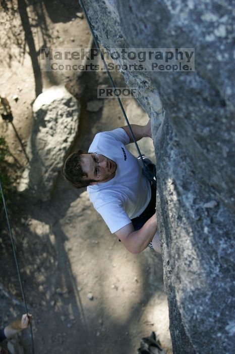 Me top roping Lick the Window (5.10c), shot by Javier Morales from the top of Ack! (5.11b, but using the crack for the start instead) that I top roped up with my camera on my back. It was another long day of rock climbing at Seismic Wall on Austin's Barton Creek Greenbelt, Sunday, April 5, 2009.
Filename: SRM_20090405_17184838.jpg
Aperture: f/3.5
Shutter Speed: 1/400
Body: Canon EOS-1D Mark II
Lens: Canon EF 80-200mm f/2.8 L