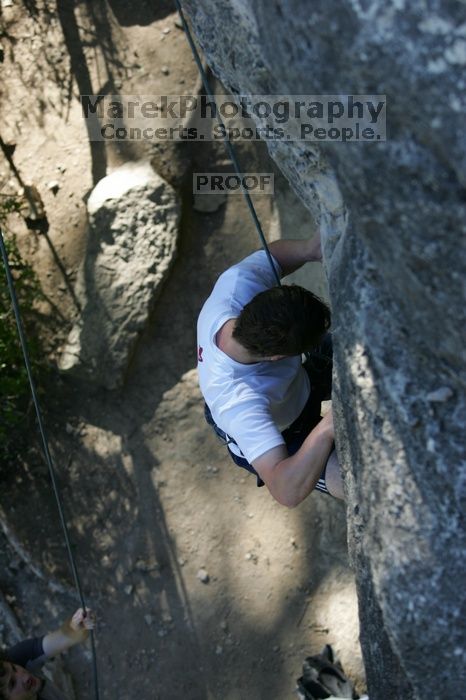 Me top roping Lick the Window (5.10c), shot by Javier Morales from the top of Ack! (5.11b, but using the crack for the start instead) that I top roped up with my camera on my back. It was another long day of rock climbing at Seismic Wall on Austin's Barton Creek Greenbelt, Sunday, April 5, 2009.
Filename: SRM_20090405_17185140.jpg
Aperture: f/3.5
Shutter Speed: 1/400
Body: Canon EOS-1D Mark II
Lens: Canon EF 80-200mm f/2.8 L