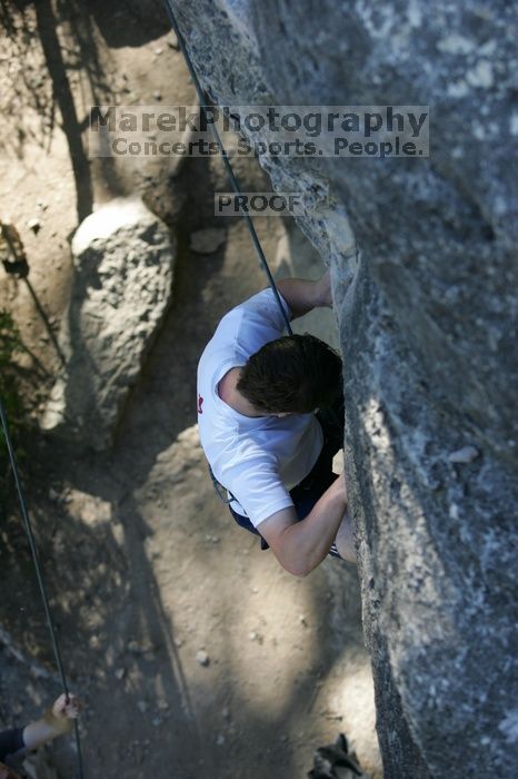 Me top roping Lick the Window (5.10c), shot by Javier Morales from the top of Ack! (5.11b, but using the crack for the start instead) that I top roped up with my camera on my back. It was another long day of rock climbing at Seismic Wall on Austin's Barton Creek Greenbelt, Sunday, April 5, 2009.
Filename: SRM_20090405_17185141.jpg
Aperture: f/3.5
Shutter Speed: 1/400
Body: Canon EOS-1D Mark II
Lens: Canon EF 80-200mm f/2.8 L