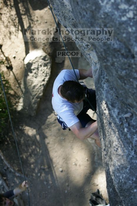 Me top roping Lick the Window (5.10c), shot by Javier Morales from the top of Ack! (5.11b, but using the crack for the start instead) that I top roped up with my camera on my back. It was another long day of rock climbing at Seismic Wall on Austin's Barton Creek Greenbelt, Sunday, April 5, 2009.
Filename: SRM_20090405_17185643.jpg
Aperture: f/3.5
Shutter Speed: 1/400
Body: Canon EOS-1D Mark II
Lens: Canon EF 80-200mm f/2.8 L