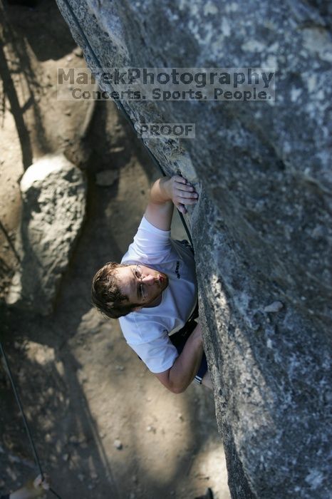Me top roping Lick the Window (5.10c), shot by Javier Morales from the top of Ack! (5.11b, but using the crack for the start instead) that I top roped up with my camera on my back. It was another long day of rock climbing at Seismic Wall on Austin's Barton Creek Greenbelt, Sunday, April 5, 2009.
Filename: SRM_20090405_17185954.jpg
Aperture: f/3.5
Shutter Speed: 1/400
Body: Canon EOS-1D Mark II
Lens: Canon EF 80-200mm f/2.8 L
