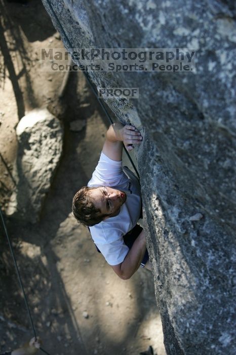 Me top roping Lick the Window (5.10c), shot by Javier Morales from the top of Ack! (5.11b, but using the crack for the start instead) that I top roped up with my camera on my back. It was another long day of rock climbing at Seismic Wall on Austin's Barton Creek Greenbelt, Sunday, April 5, 2009.
Filename: SRM_20090405_17185955.jpg
Aperture: f/3.5
Shutter Speed: 1/400
Body: Canon EOS-1D Mark II
Lens: Canon EF 80-200mm f/2.8 L
