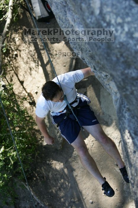 Me top roping Lick the Window (5.10c), shot by Javier Morales from the top of Ack! (5.11b, but using the crack for the start instead) that I top roped up with my camera on my back. It was another long day of rock climbing at Seismic Wall on Austin's Barton Creek Greenbelt, Sunday, April 5, 2009.
Filename: SRM_20090405_17190462.jpg
Aperture: f/3.2
Shutter Speed: 1/400
Body: Canon EOS-1D Mark II
Lens: Canon EF 80-200mm f/2.8 L