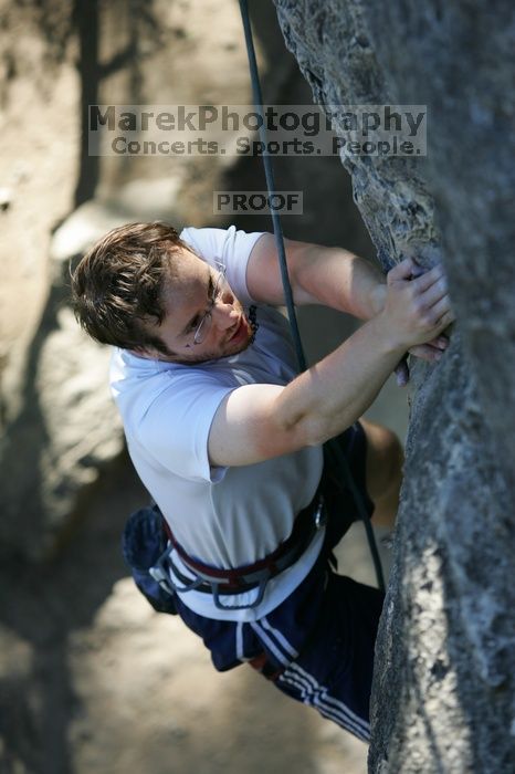 Me top roping Lick the Window (5.10c), shot by Javier Morales from the top of Ack! (5.11b, but using the crack for the start instead) that I top roped up with my camera on my back. It was another long day of rock climbing at Seismic Wall on Austin's Barton Creek Greenbelt, Sunday, April 5, 2009.
Filename: SRM_20090405_17202689.jpg
Aperture: f/3.5
Shutter Speed: 1/400
Body: Canon EOS-1D Mark II
Lens: Canon EF 80-200mm f/2.8 L