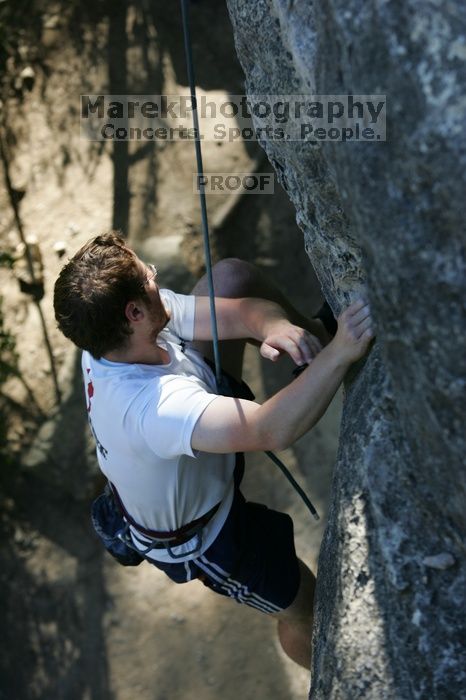 Me top roping Lick the Window (5.10c), shot by Javier Morales from the top of Ack! (5.11b, but using the crack for the start instead) that I top roped up with my camera on my back. It was another long day of rock climbing at Seismic Wall on Austin's Barton Creek Greenbelt, Sunday, April 5, 2009.
Filename: SRM_20090405_17202996.jpg
Aperture: f/4.0
Shutter Speed: 1/400
Body: Canon EOS-1D Mark II
Lens: Canon EF 80-200mm f/2.8 L