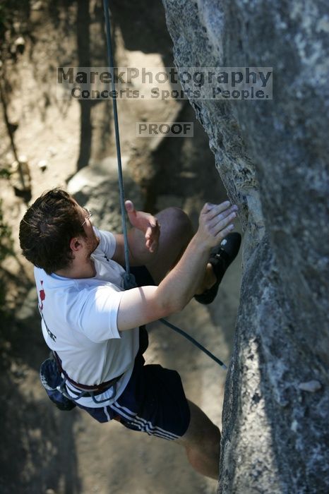 Me top roping Lick the Window (5.10c), shot by Javier Morales from the top of Ack! (5.11b, but using the crack for the start instead) that I top roped up with my camera on my back. It was another long day of rock climbing at Seismic Wall on Austin's Barton Creek Greenbelt, Sunday, April 5, 2009.
Filename: SRM_20090405_17202997.jpg
Aperture: f/3.5
Shutter Speed: 1/400
Body: Canon EOS-1D Mark II
Lens: Canon EF 80-200mm f/2.8 L