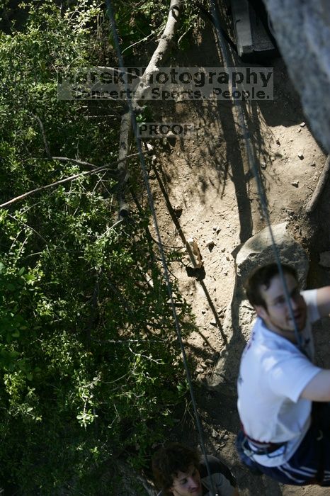 Me top roping Lick the Window (5.10c), shot by Javier Morales from the top of Ack! (5.11b, but using the crack for the start instead) that I top roped up with my camera on my back. It was another long day of rock climbing at Seismic Wall on Austin's Barton Creek Greenbelt, Sunday, April 5, 2009.
Filename: SRM_20090405_17210500.jpg
Aperture: f/4.0
Shutter Speed: 1/400
Body: Canon EOS-1D Mark II
Lens: Canon EF 80-200mm f/2.8 L