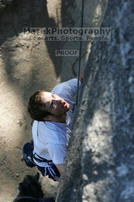 Me top roping Lick the Window (5.10c), shot by Javier Morales from the top of Ack! (5.11b, but using the crack for the start instead) that I top roped up with my camera on my back. It was another long day of rock climbing at Seismic Wall on Austin's Barton Creek Greenbelt, Sunday, April 5, 2009.
Filename: SRM_20090405_17240916.jpg
Aperture: f/5.6
Shutter Speed: 1/320
Body: Canon EOS-1D Mark II
Lens: Canon EF 80-200mm f/2.8 L