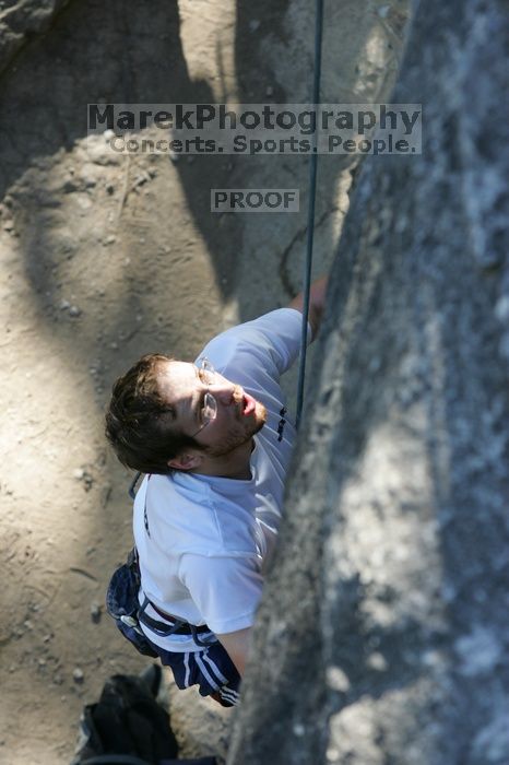 Me top roping Lick the Window (5.10c), shot by Javier Morales from the top of Ack! (5.11b, but using the crack for the start instead) that I top roped up with my camera on my back. It was another long day of rock climbing at Seismic Wall on Austin's Barton Creek Greenbelt, Sunday, April 5, 2009.
Filename: SRM_20090405_17241017.jpg
Aperture: f/5.0
Shutter Speed: 1/320
Body: Canon EOS-1D Mark II
Lens: Canon EF 80-200mm f/2.8 L