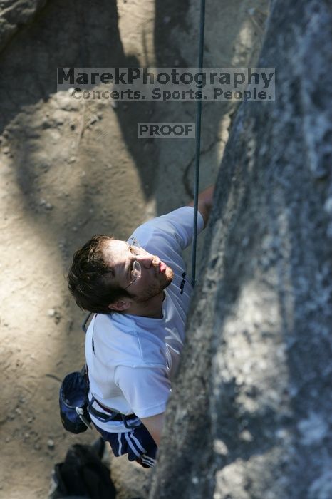 Me top roping Lick the Window (5.10c), shot by Javier Morales from the top of Ack! (5.11b, but using the crack for the start instead) that I top roped up with my camera on my back.  It was another long day of rock climbing at Seismic Wall on Austin's Barton Creek Greenbelt, Sunday, April 5, 2009.

Filename: SRM_20090405_17241018.jpg
Aperture: f/5.0
Shutter Speed: 1/320
Body: Canon EOS-1D Mark II
Lens: Canon EF 80-200mm f/2.8 L